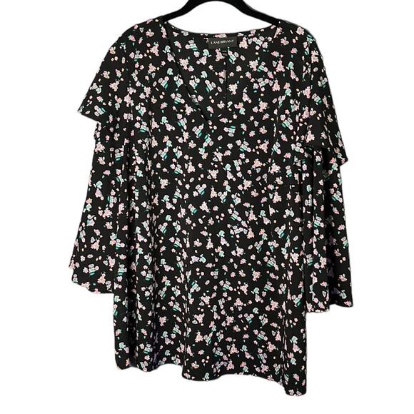 Lane Bryant Black and Pink Floral Flared Sleeve Blouse Size 18/20 - Picture 1 of 10